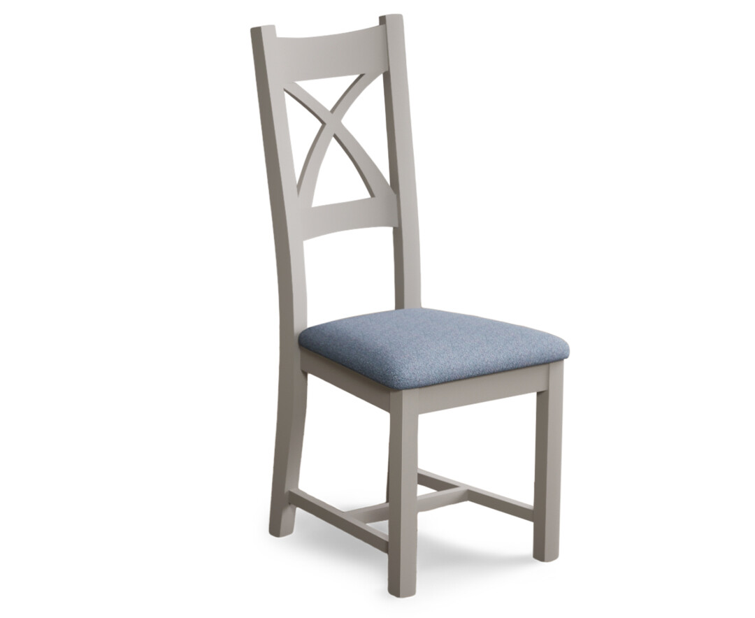 Photo 3 of Painted soft white x back dining chairs with blue fabric seat pad