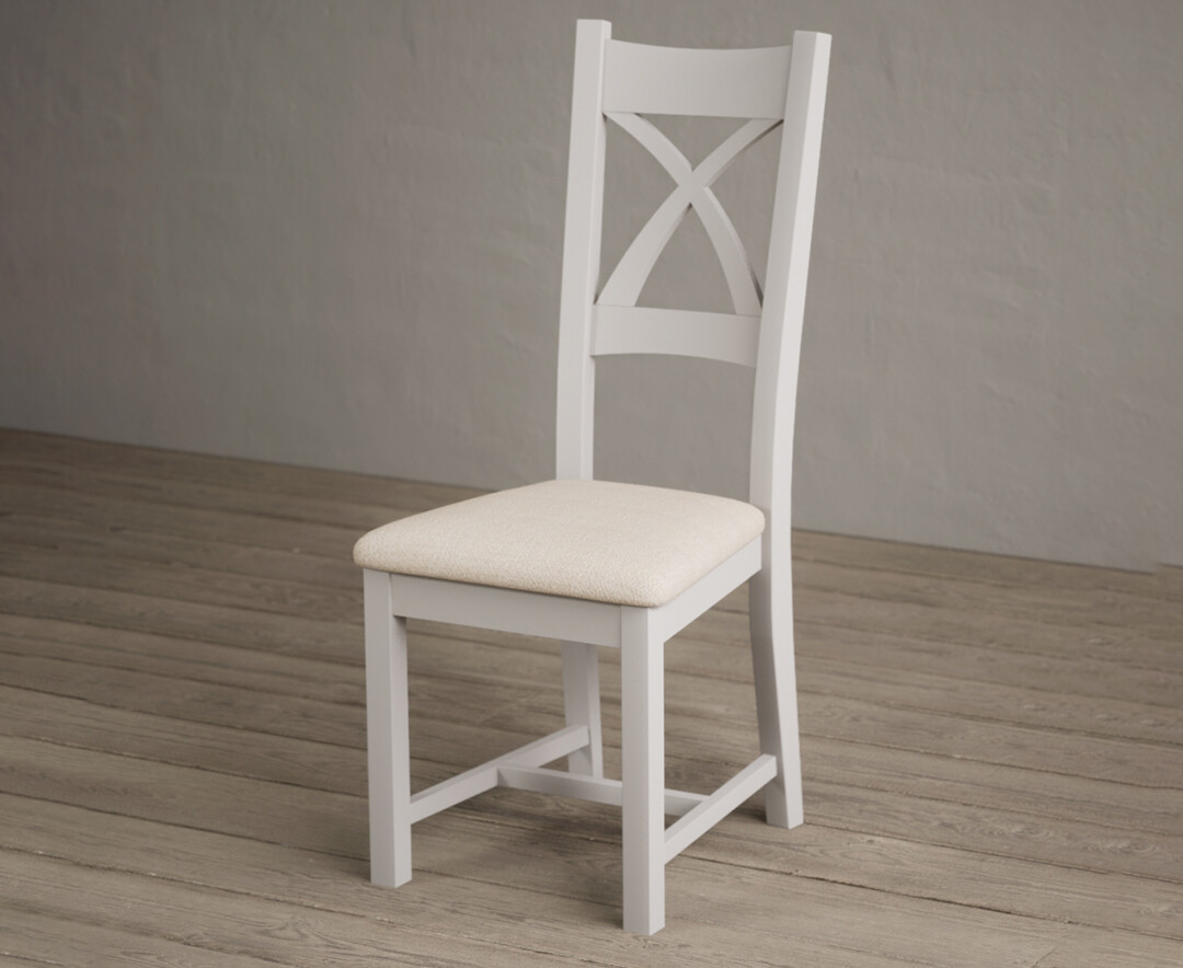 Photo 2 of Painted soft white x back dining chairs with linen seat pad