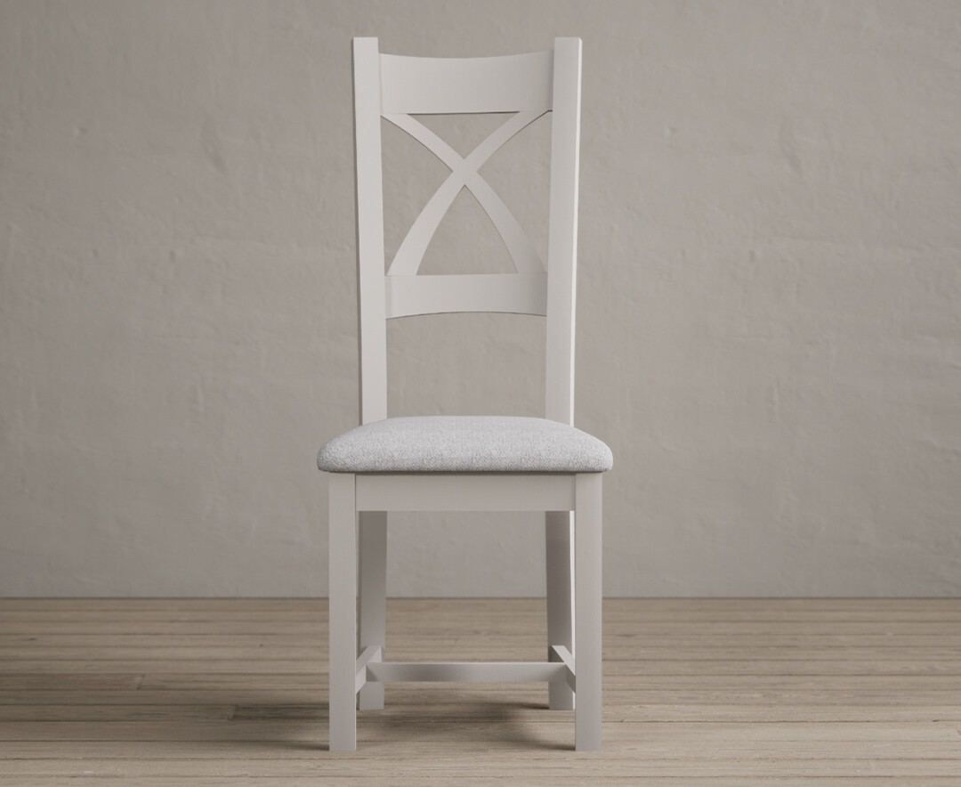 Painted Soft White X Back Dining Chairs With Light Grey Fabric Seat Pad