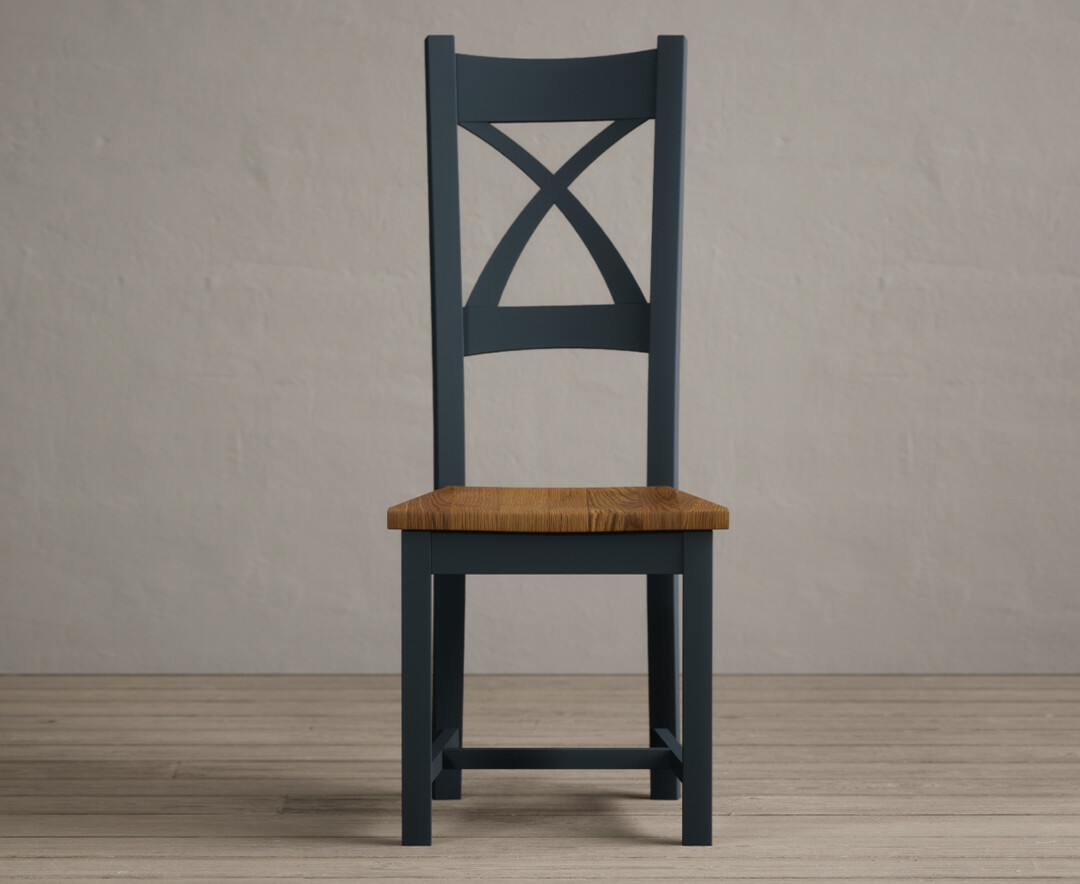 Product photograph of Painted Dark Blue X Back Dining Chairs With Rustic Oak Seat Pad from Oak Furniture Superstore
