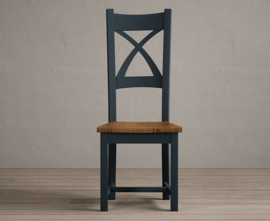 Painted Dark Blue X Back Dining Chairs with Rustic Oak Seat Pad at Oak Furniture Superstore