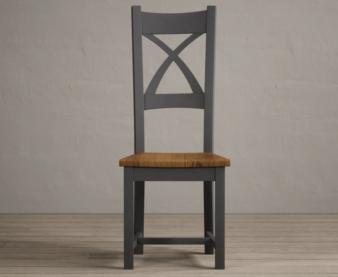 Product photograph of Painted Charcoal Grey X Back Dining Chairs With Rustic Oak Seat Pad from Oak Furniture Superstore