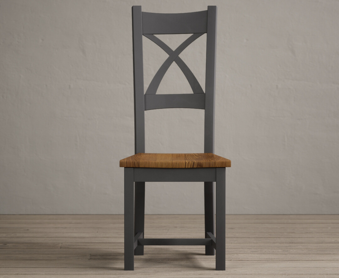 Painted Charcoal Grey X Back Dining Chairs With Rustic Oak Seat Pad