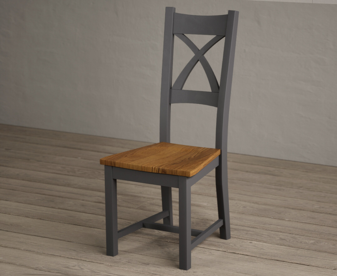 Photo 1 of Painted charcoal grey x back dining chairs with rustic oak seat pad