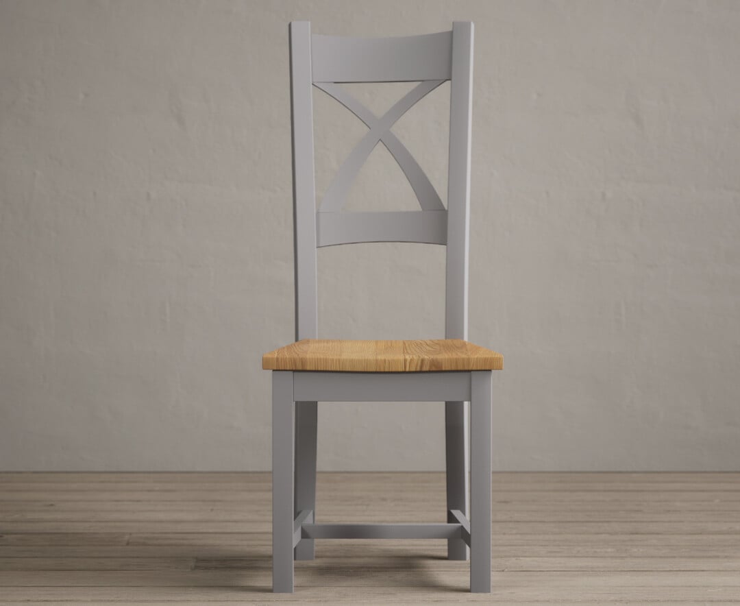 Painted Light Grey X Back Dining Chairs With Oak Seat Pad