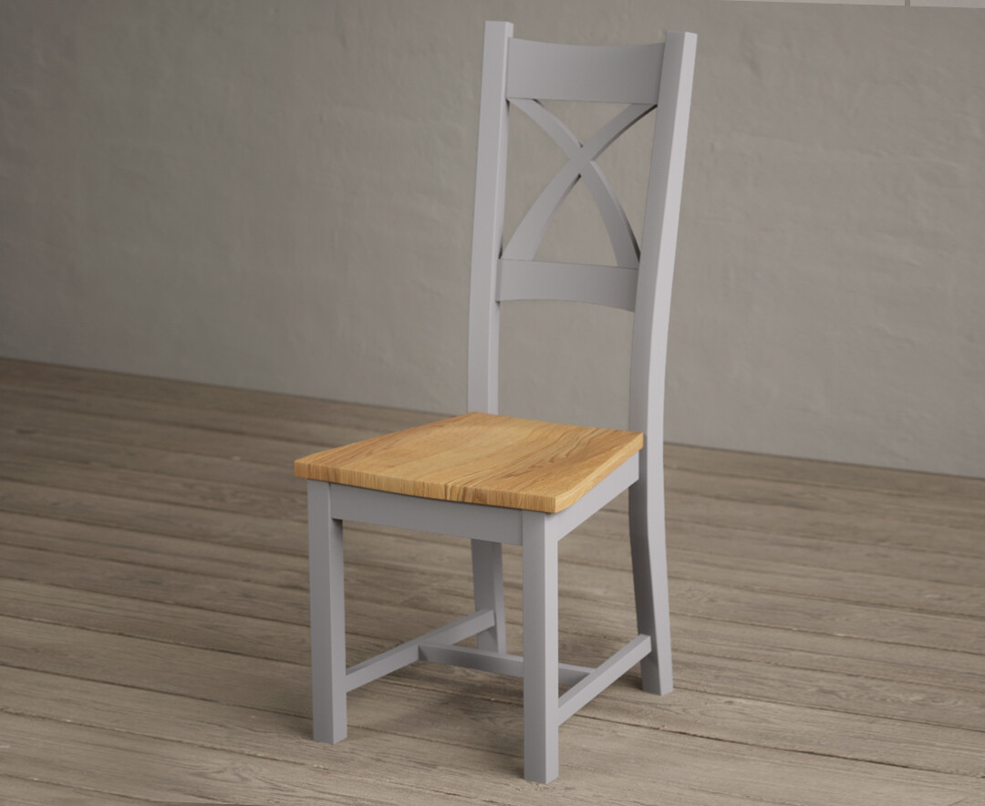 Photo 1 of Painted light grey x back dining chairs with oak seat pad