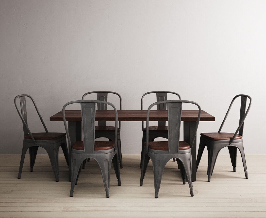 Dakota 190cm Dark Acacia And Metal Dining Table With 6 Rustic Oak Dakota Chairs