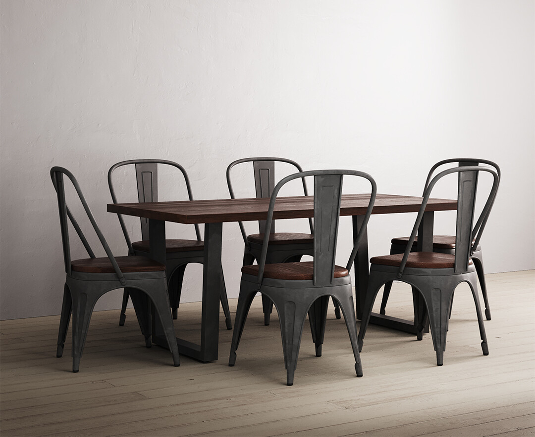 Photo 2 of Dakota 190cm dark acacia and metal dining table with 6 rustic oak dakota chairs