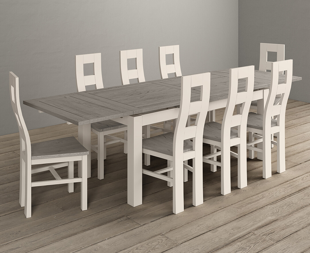 Photo 2 of Extending dartmouth 180cm oak and soft white painted dining table with 8 flow back chairs