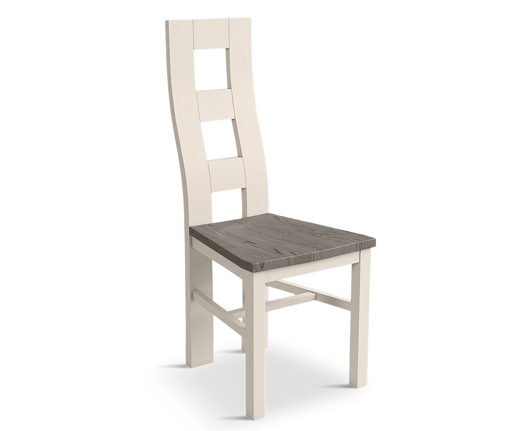 Photo 3 of Painted soft white flow back dining chairs with grey oak seat pad