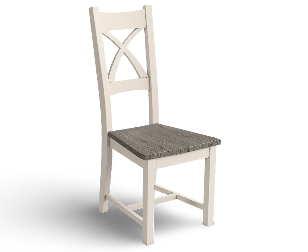 Photo 3 of Painted soft white x back dining chairs with grey oak seat pad