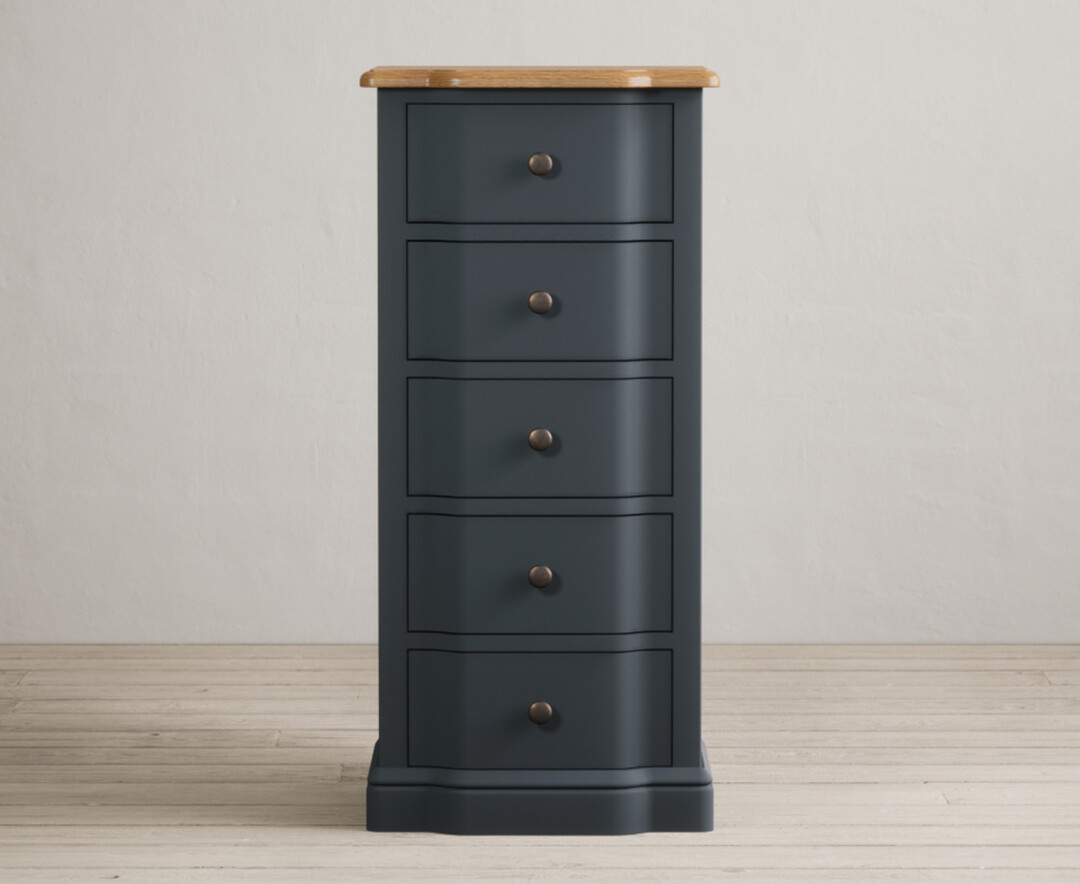 Product photograph of Delphine Oak And Blue Painted 5 Drawer Tallboy Chest from Oak Furniture Superstore