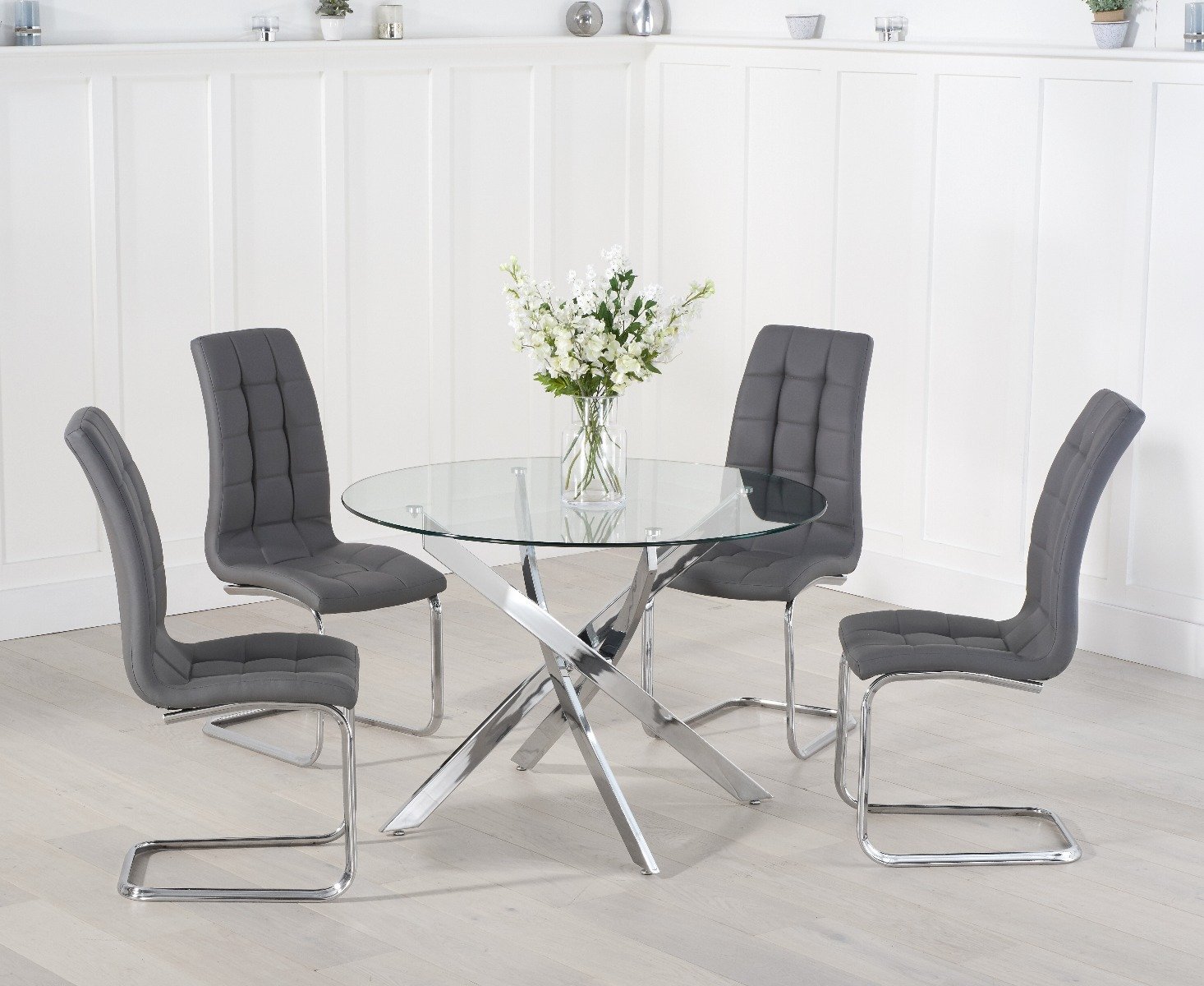 Product photograph of Bernini 110cm Glass Dining Table With 4 Grey Vigo Chairs from Oak Furniture Superstore