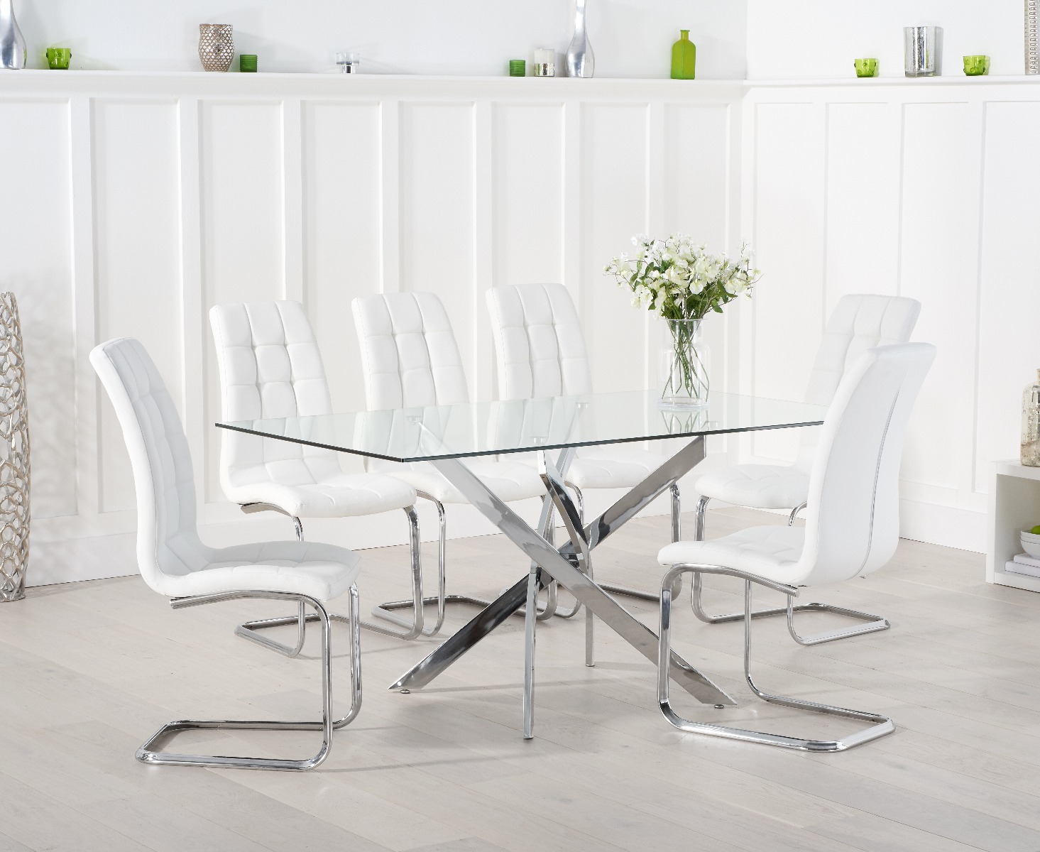 Denver 160cm Rectangular Glass Dining Table With 8 White Vigo Chairs