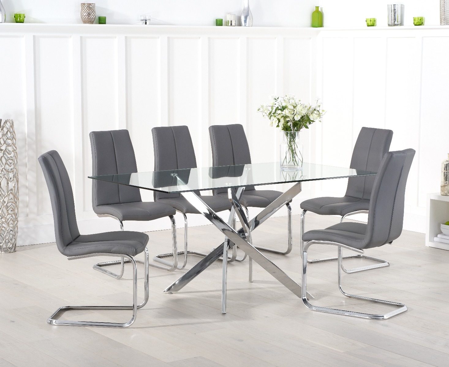 Denver 160cm Glass Dining Table With 6 Grey Tarin Chairs