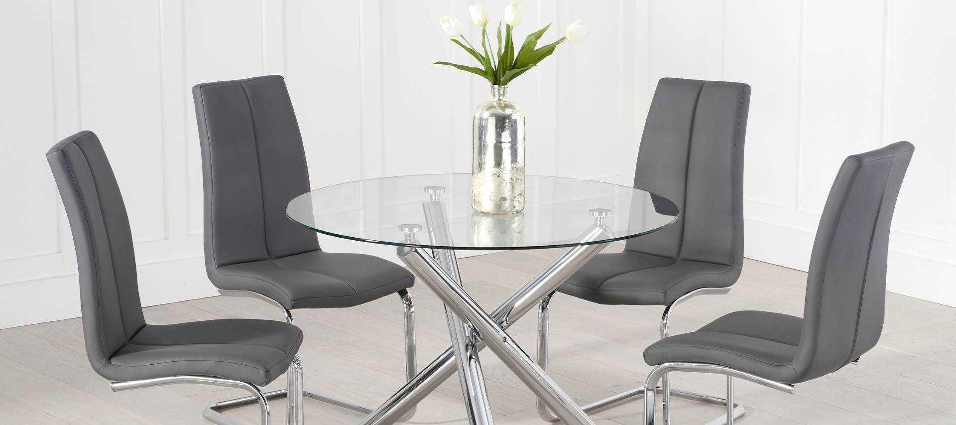 Photo 5 of Denver 110cm glass dining table with 4 grey gianni chairs