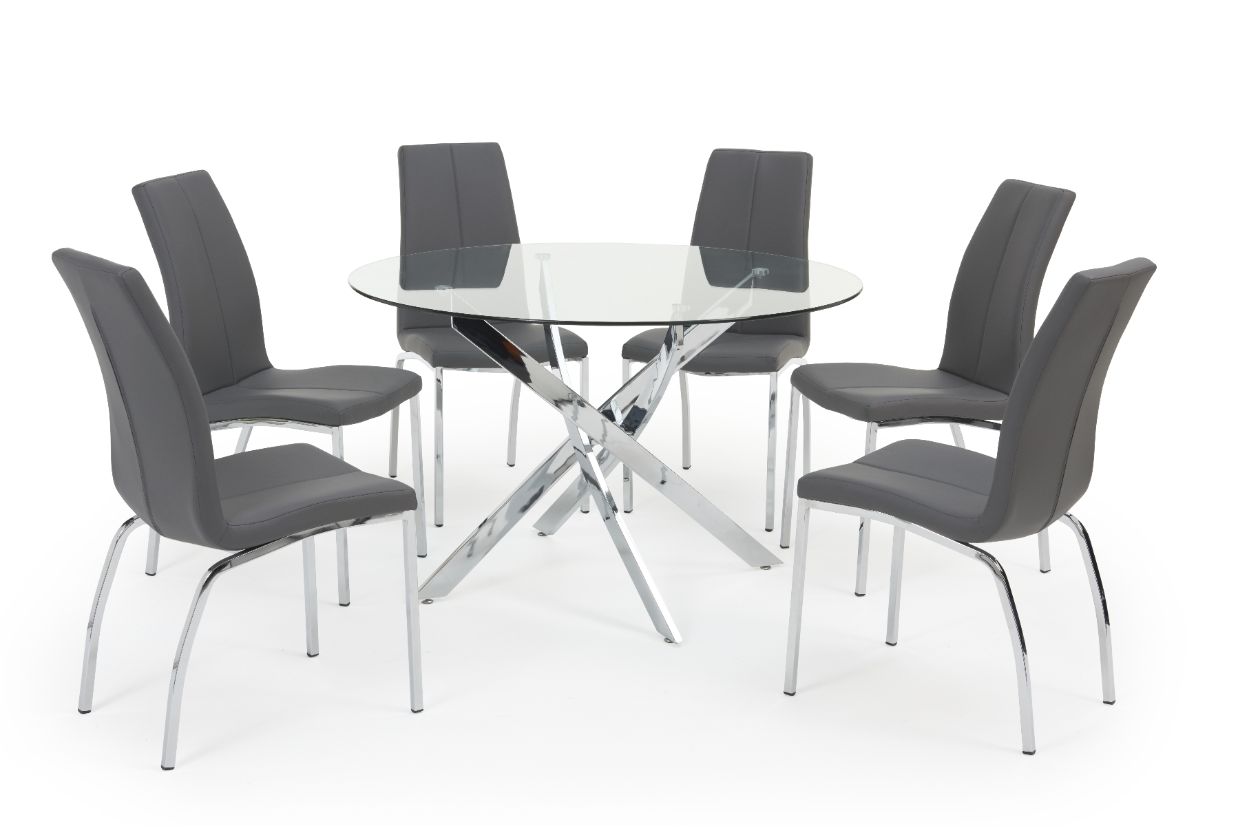 Product photograph of Denver 120cm Glass Dining Table With 4 Grey Marco Chairs from Oak Furniture Superstore.