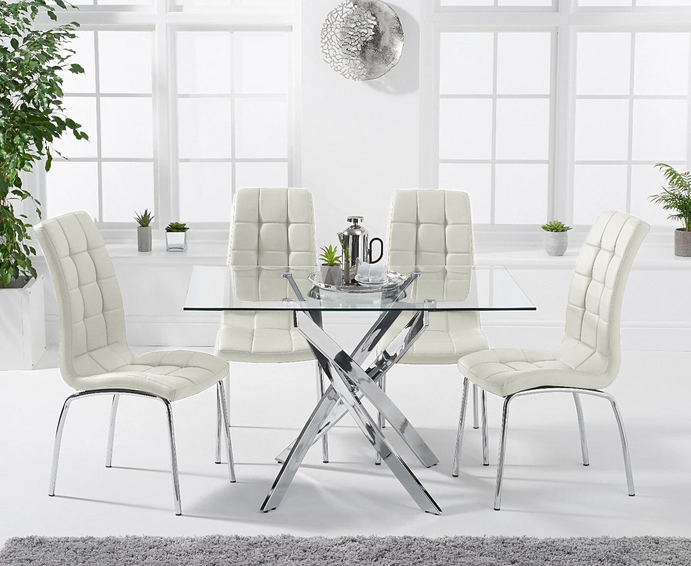 Photo 2 of Denver 120cm rectangular glass dining table with 4 white enzo chairs