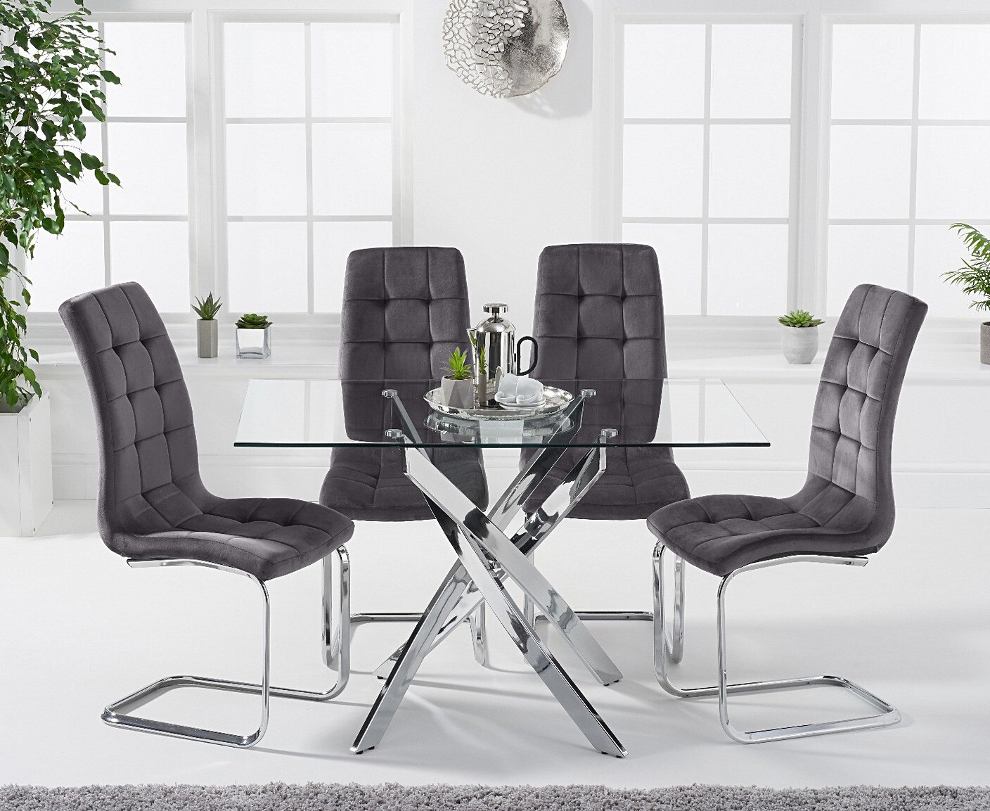 Denver 120cm Rectangular Glass Dining Table With 6 Grey Vigo Chairs