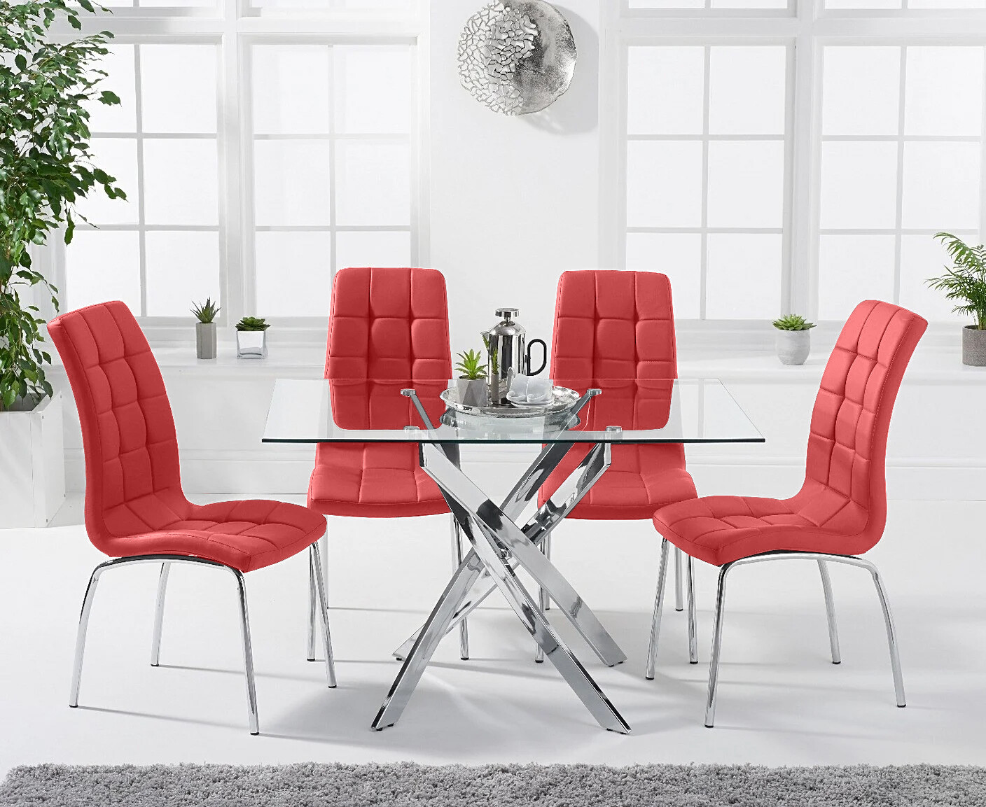 Photo 2 of Denver 120cm rectangular glass dining table with 4 red enzo chairs