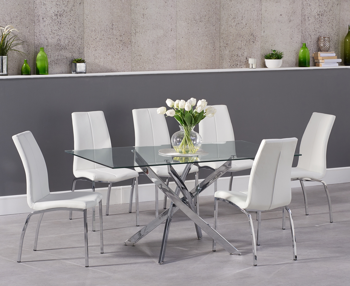 Product photograph of Denver 160cm Glass Dining Table With 6 Grey Marco Chairs from Oak Furniture Superstore