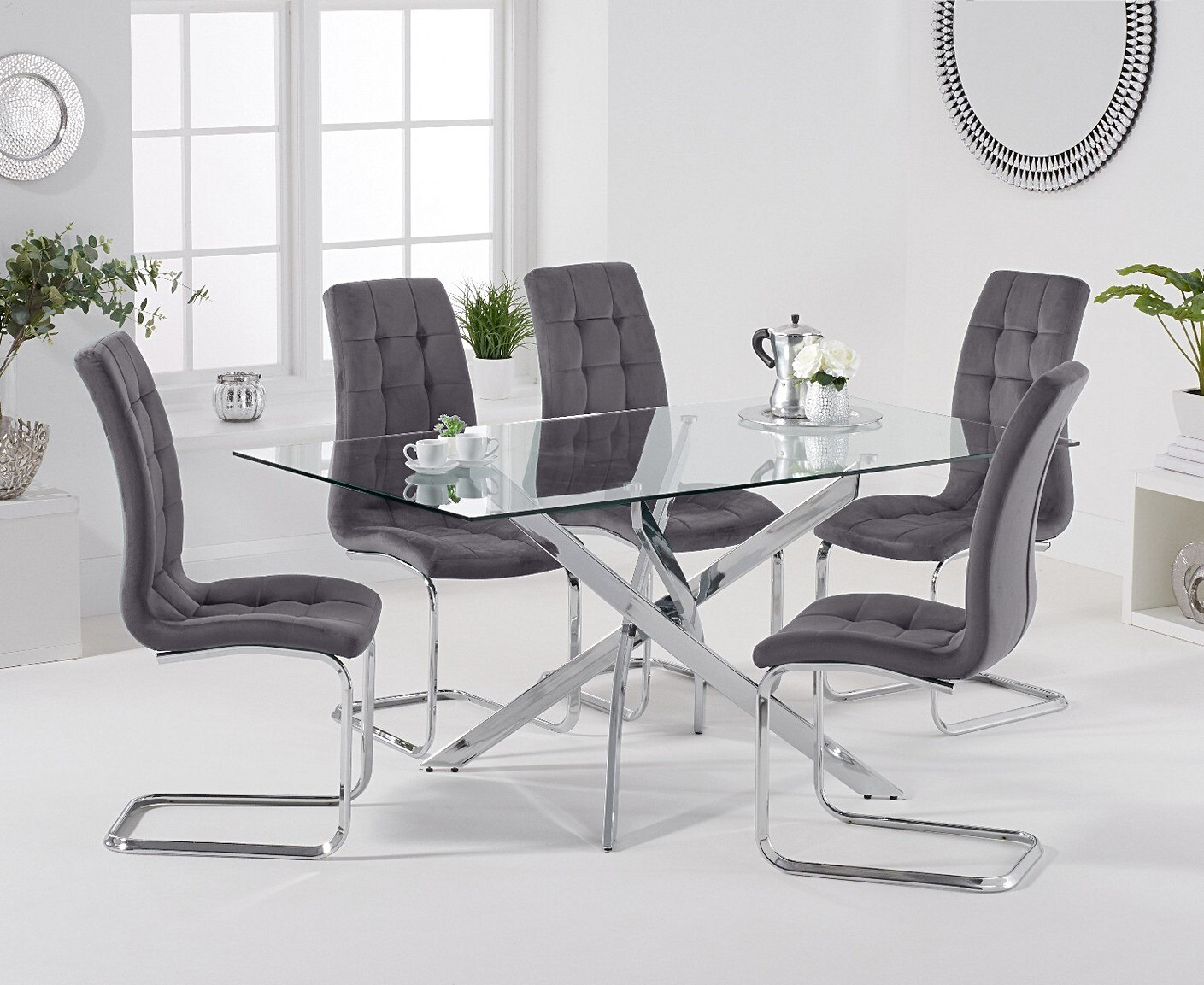 Denver 160cm Rectangular Glass Dining Table With 4 Grey Vigo Chairs