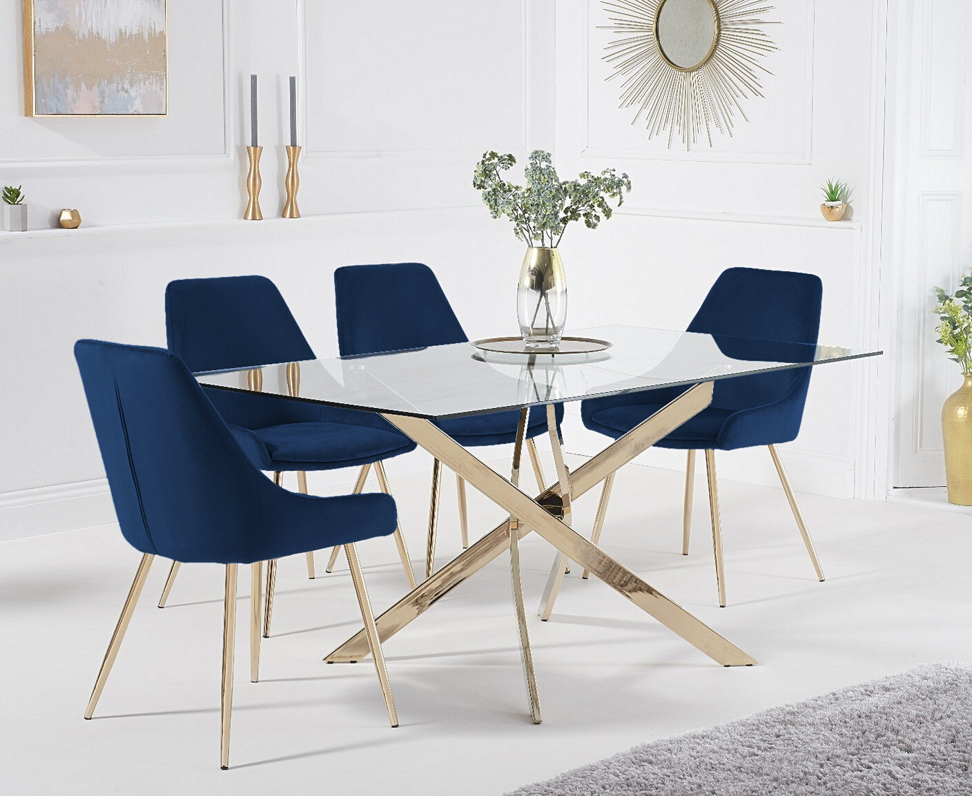 Denver 160cm Rectangular Glass Gold Leg Dining Table With 4 Grey Lola Chairs