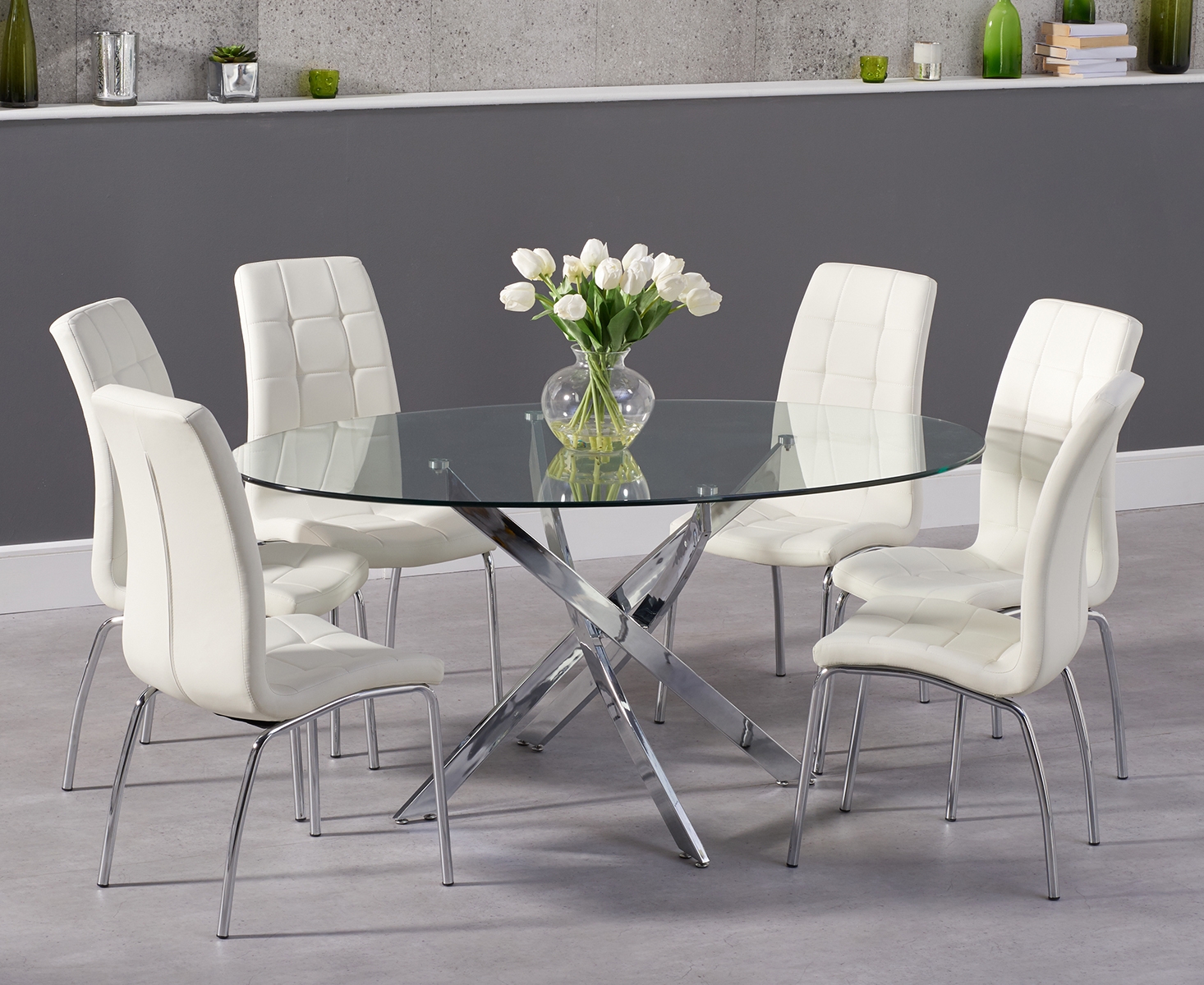 Product photograph of Bernini 165cm Oval Glass Dining Table With 6 Black Enzo Chairs from Oak Furniture Superstore