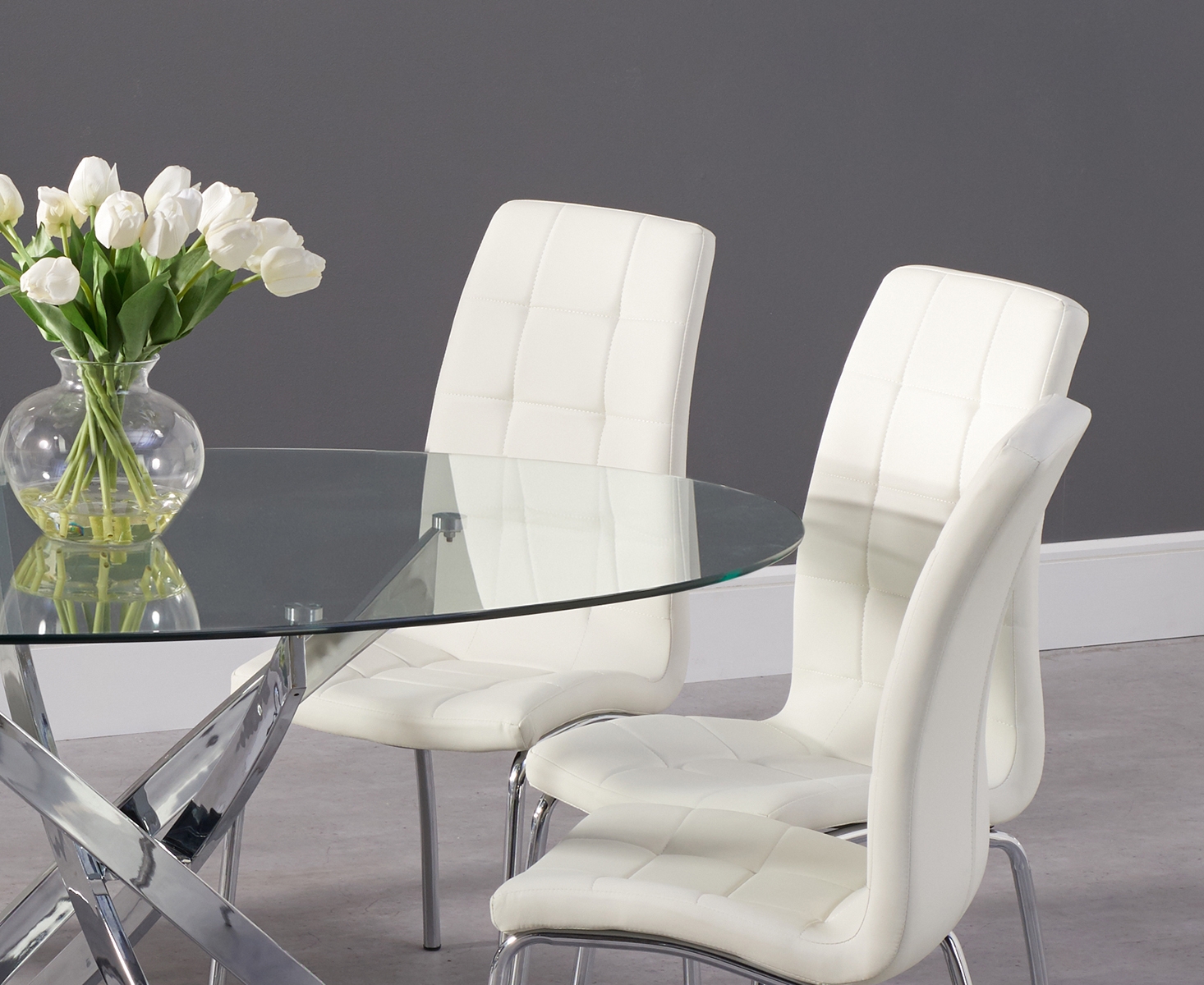 Photo 3 of Bernini 165cm oval glass dining table with 4 grey enzo chairs