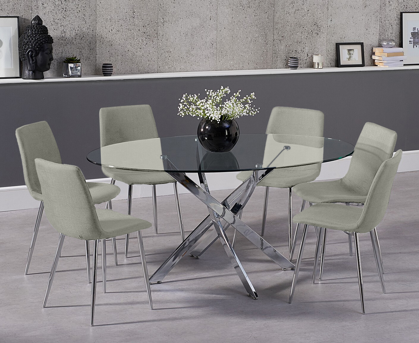 Product photograph of Bernini 165cm Oval Glass Dining Table With 4 Grey Astrid Fabric Chairs from Oak Furniture Superstore