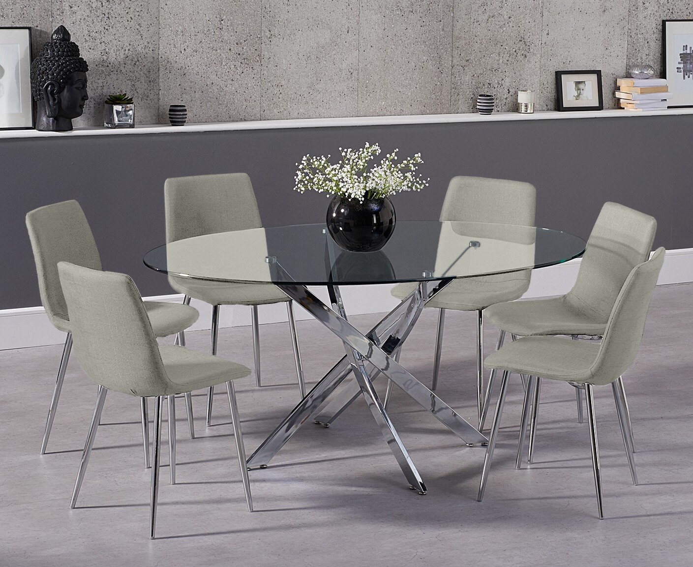 Bernini 165cm Oval Glass Dining Table With 6 Grey Helsinki Chairs