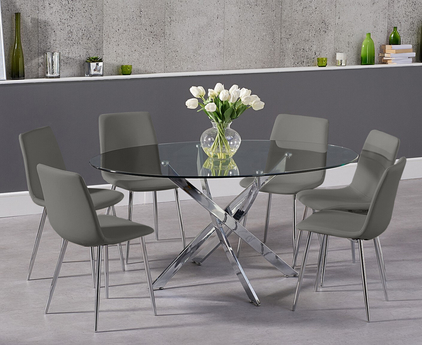 Product photograph of Bernini 165cm Oval Glass Dining Table With 6 Grey Astrid Faux Leather Chairs from Oak Furniture Superstore