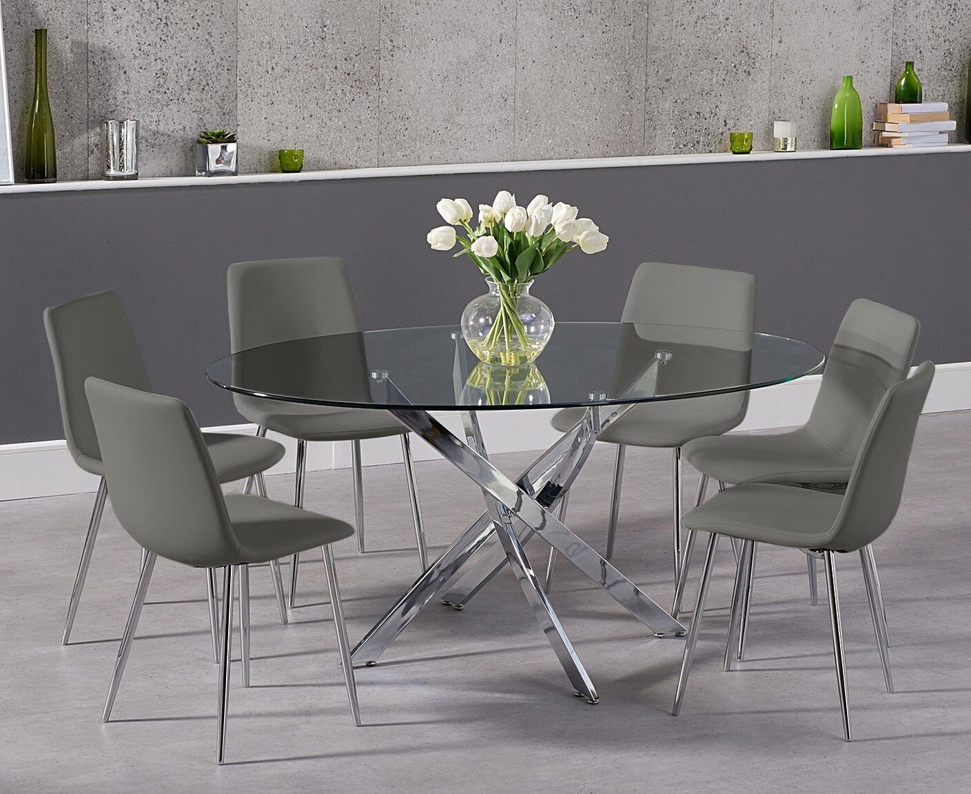 Bernini 165cm Oval Glass Dining Table With 6 Grey Astrid Faux Leather Chairs