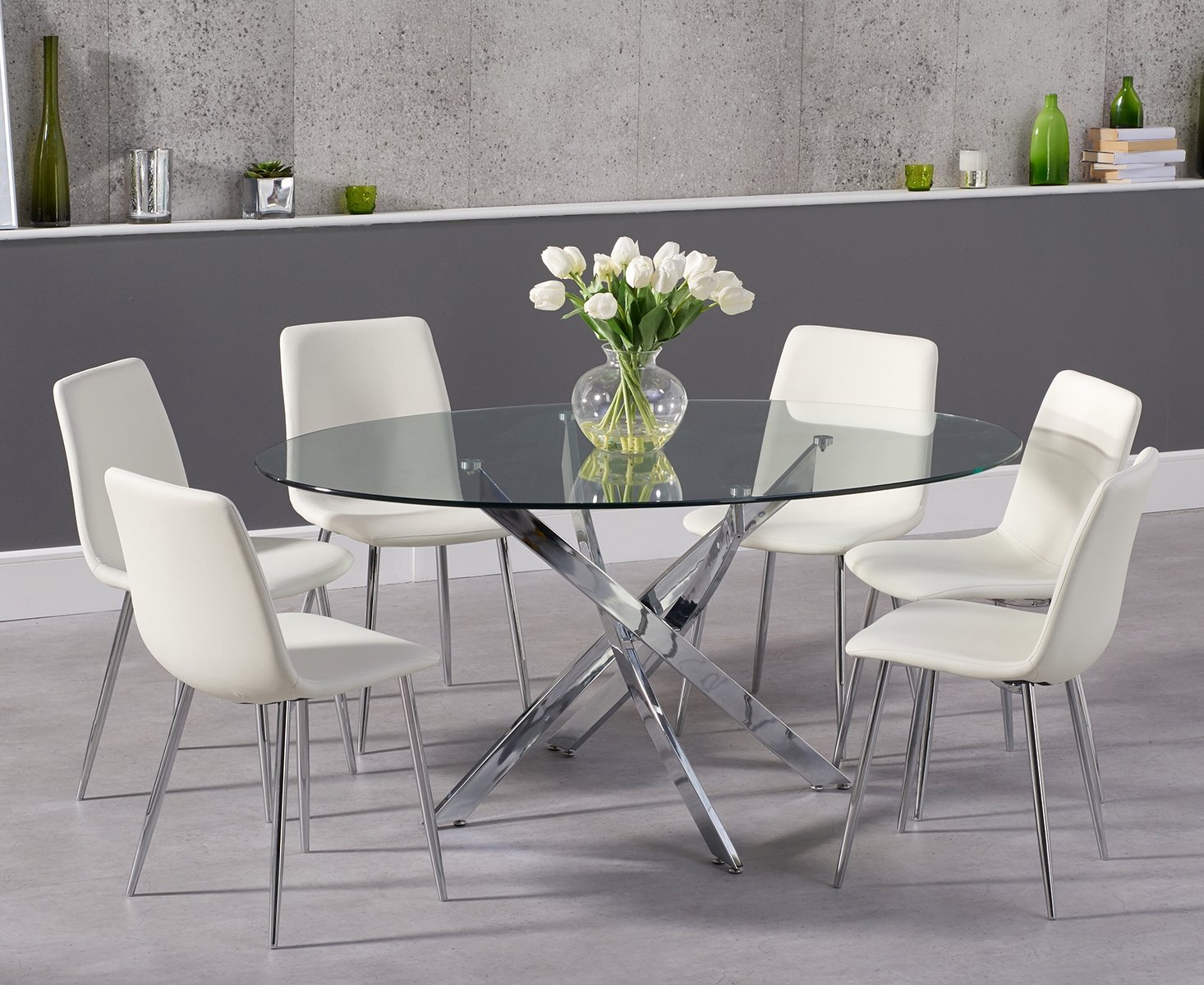 Denver 165cm Oval Glass Dining Table With Helsinki Faux Leather Chairs Denver 165cm Oval Glass Dining Table With Helsinki Faux Leather Chairs