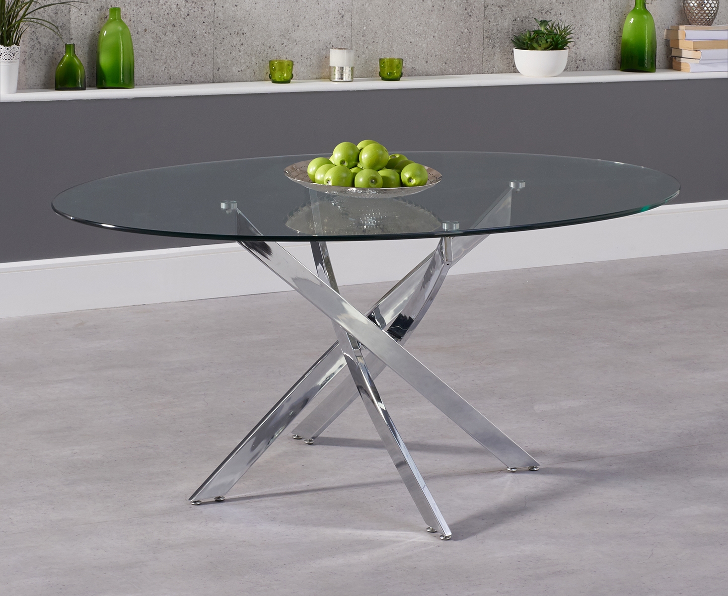 Photo 1 of Bernini 165cm oval glass dining table with 6 grey astrid fabric chairs