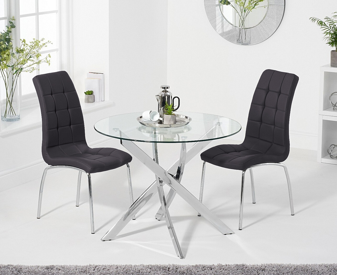 Product photograph of Denver 95cm Round Glass Dining Table With 2 Cream Enzo Chairs from Oak Furniture Superstore