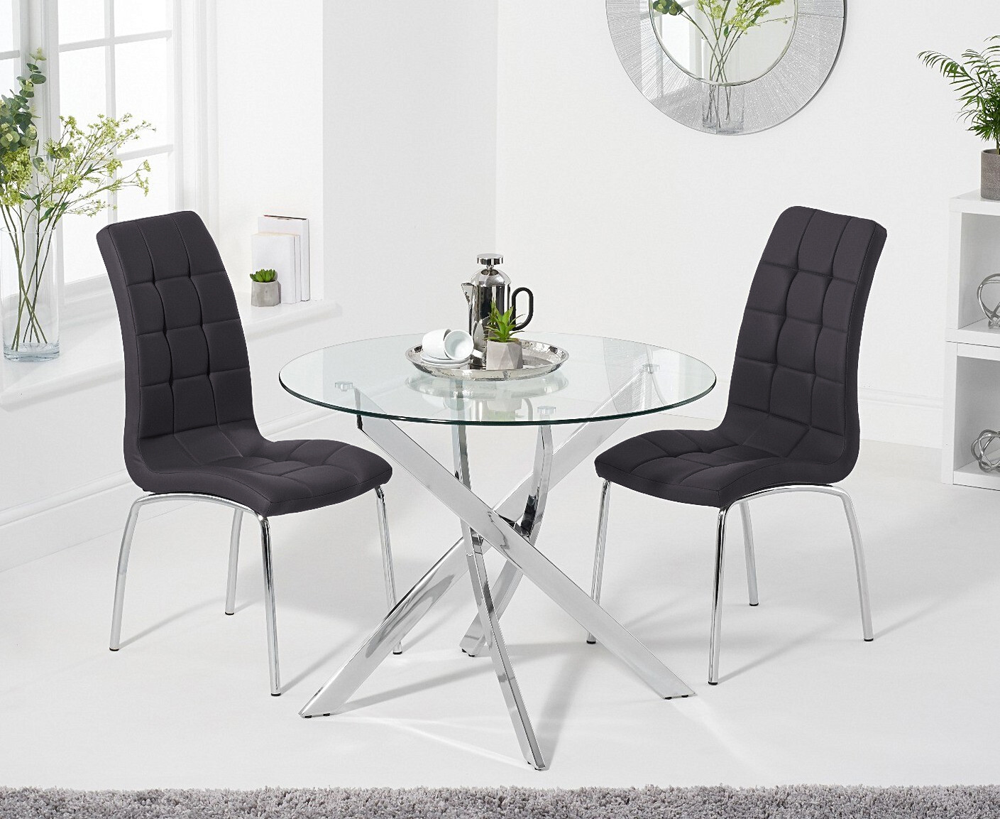 Denver 95cm Round Glass Dining Table With 2 Red Enzo Chairs