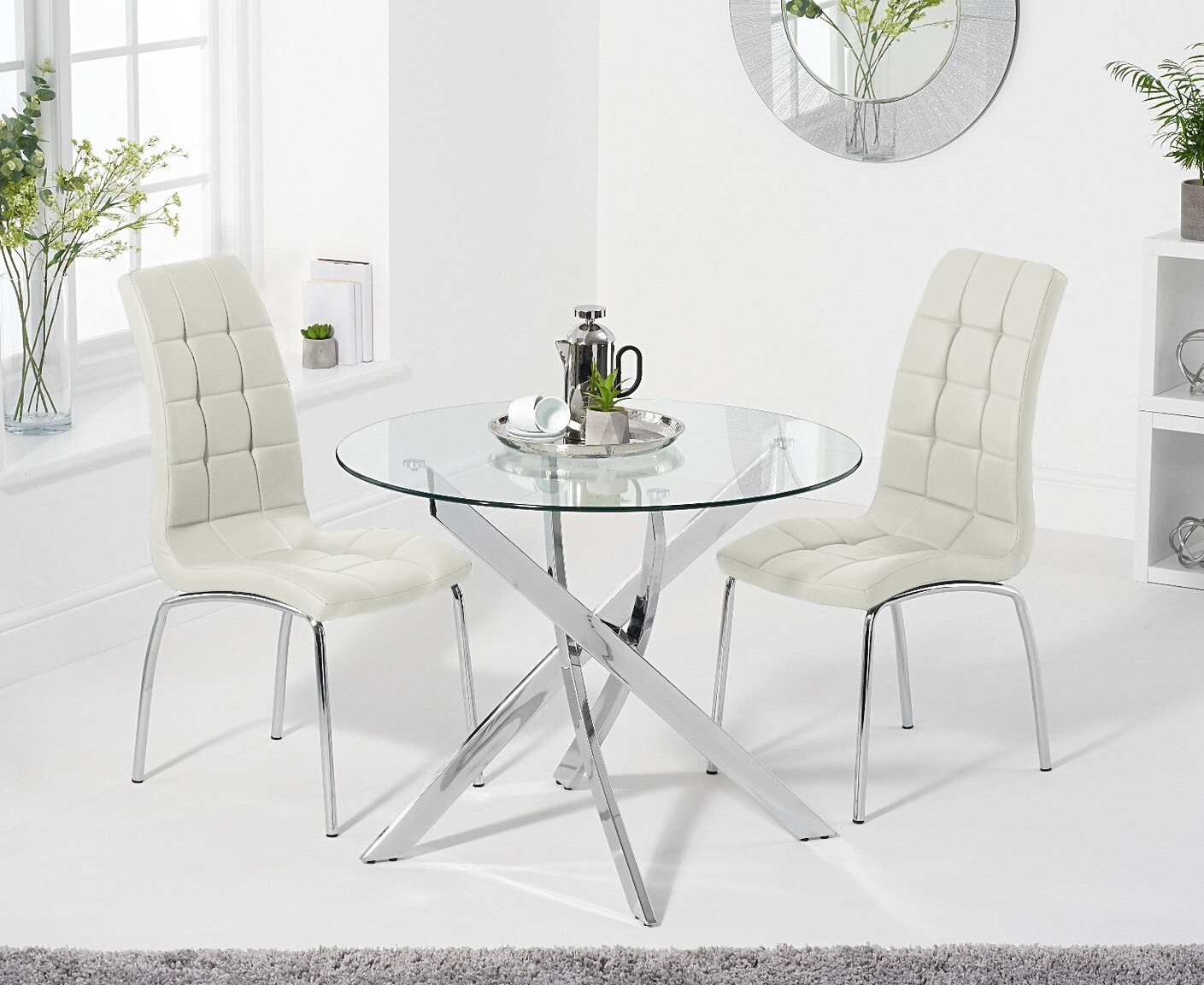 Photo 2 of Denver 95cm round glass dining table with 2 white enzo chairs