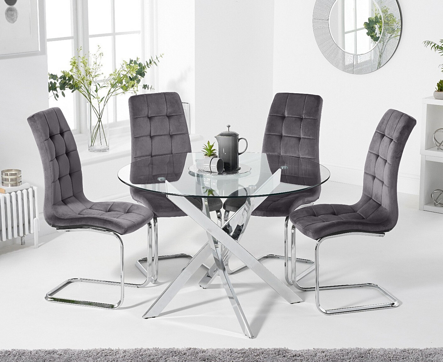 Denver 95cm Round Glass Dining Table With 4 Grey Vigo Chairs