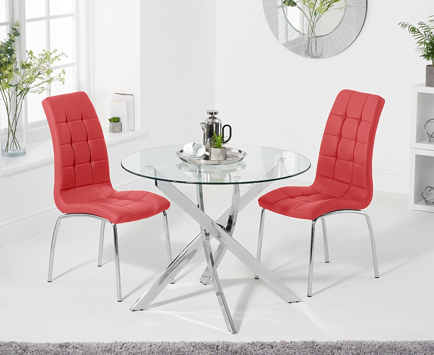 Photo 4 of Denver 95cm round glass dining table with 2 white enzo chairs