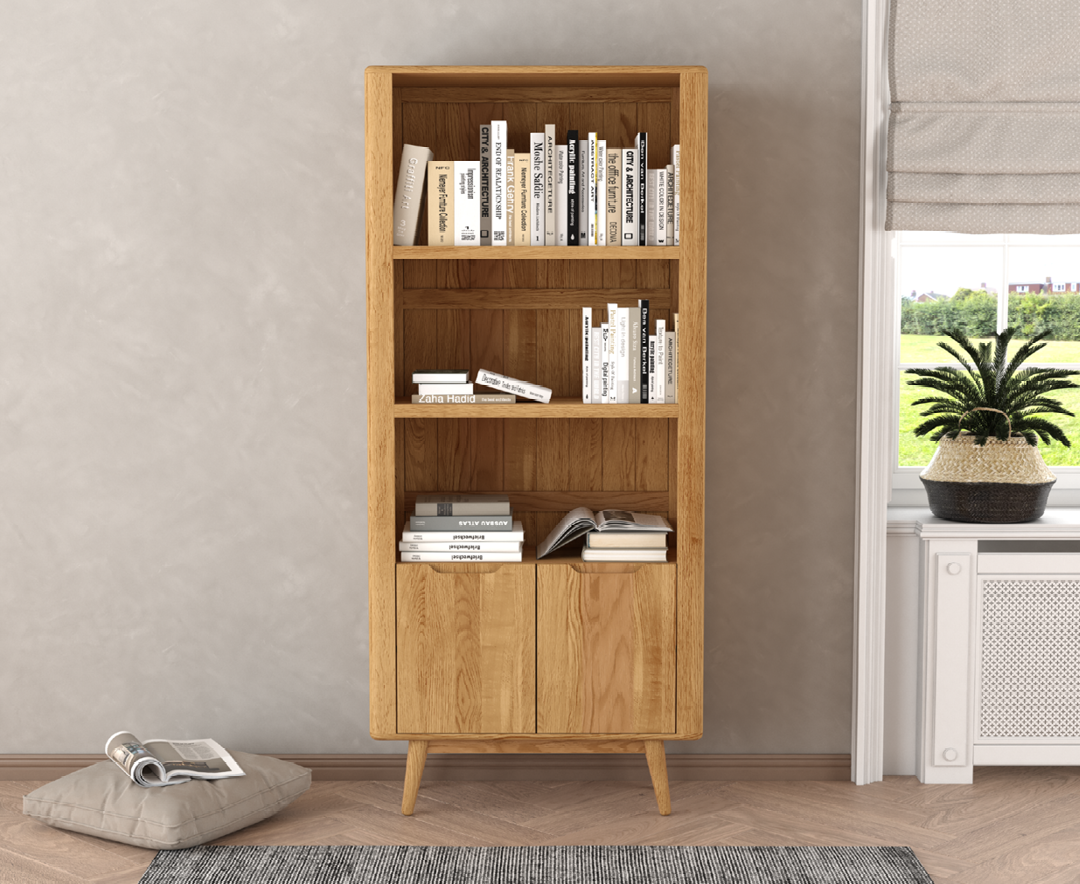 Product photograph of Rosa Solid Oak Tall Bookcase With Cupboard from Oak Furniture Superstore