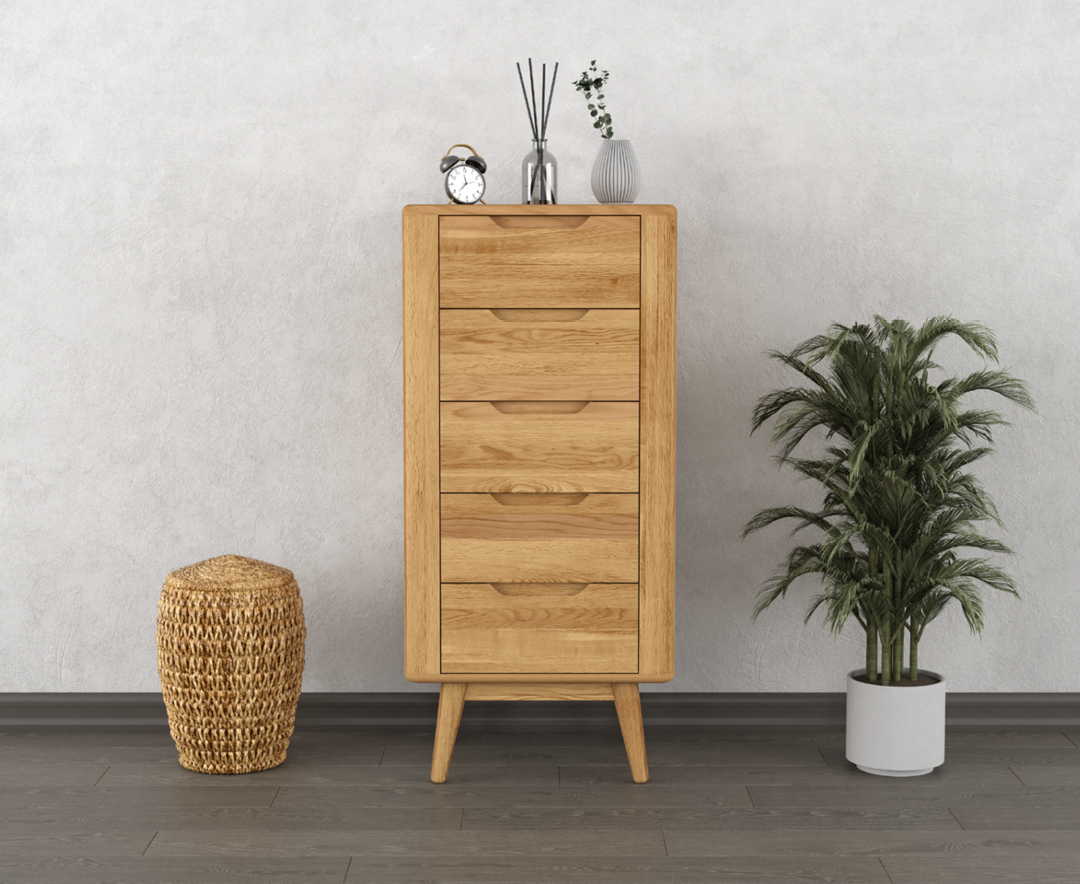 Product photograph of Rosa Solid Oak 5 Drawer Tallboy Chest from Oak Furniture Superstore