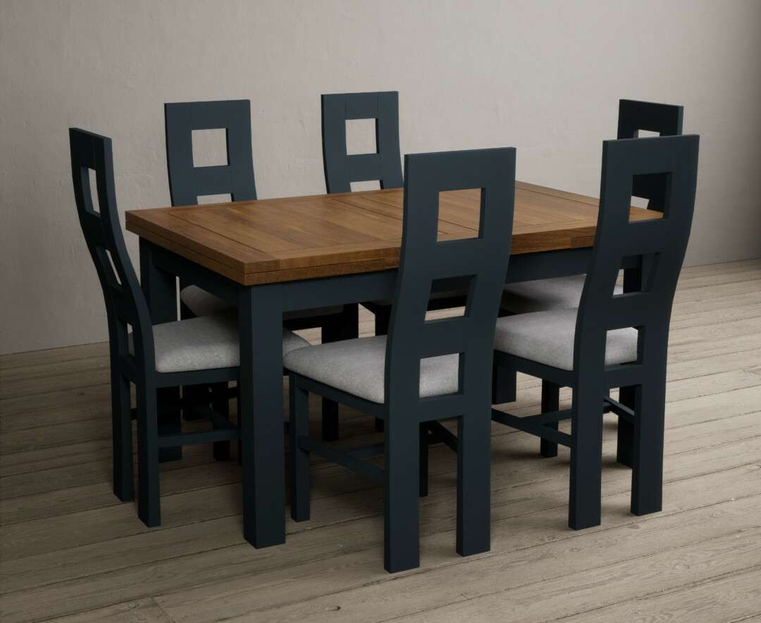 Product photograph of Hampshire 140cm Oak And Dark Blue Extending Dining Table With 6 Brown Flow Back Chairs from Oak Furniture Superstore