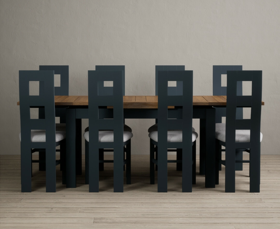 Product photograph of Extending Buxton 140cm Oak And Dark Blue Painted Dining Table With 6 Rustic Oak Painted Chairs from Oak Furniture Superstore