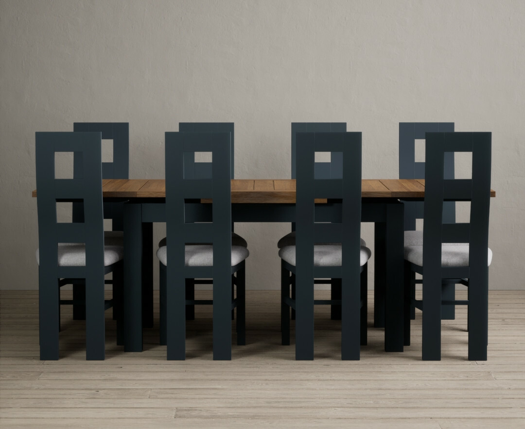 Extending Buxton 140cm Oak And Dark Blue Painted Dining Table With 8 Rustic Oak Painted Chairs