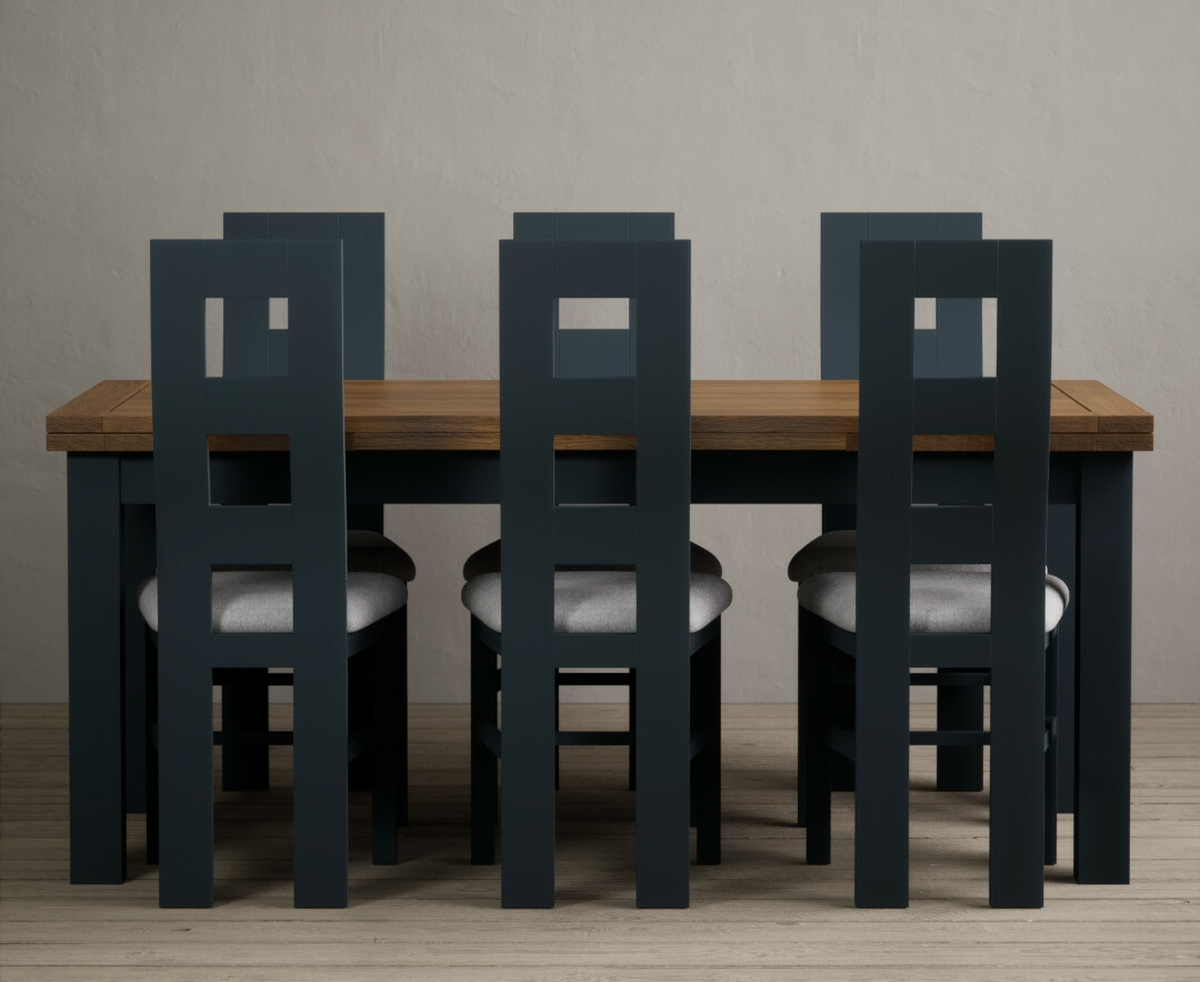 Photo 3 of Buxton 180cm oak and dark blue extending dining table with 6 charcoal grey flow back chairs