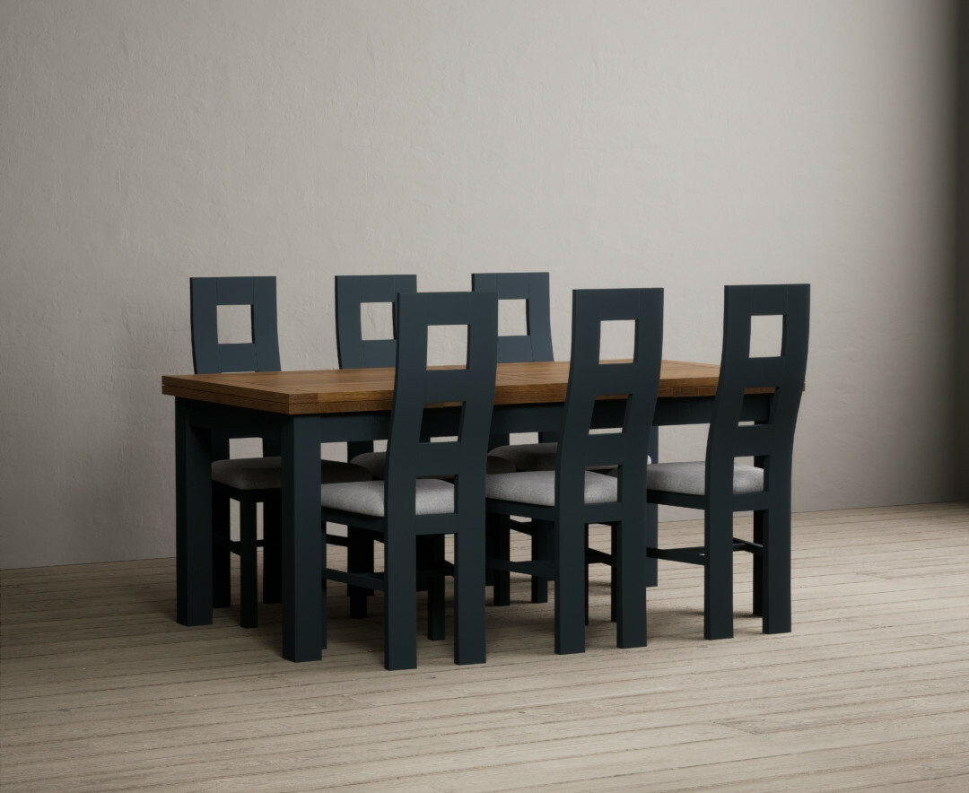 Photo 1 of Hampshire 180cm oak and dark blue extending dining table with 10 brown flow back chairs