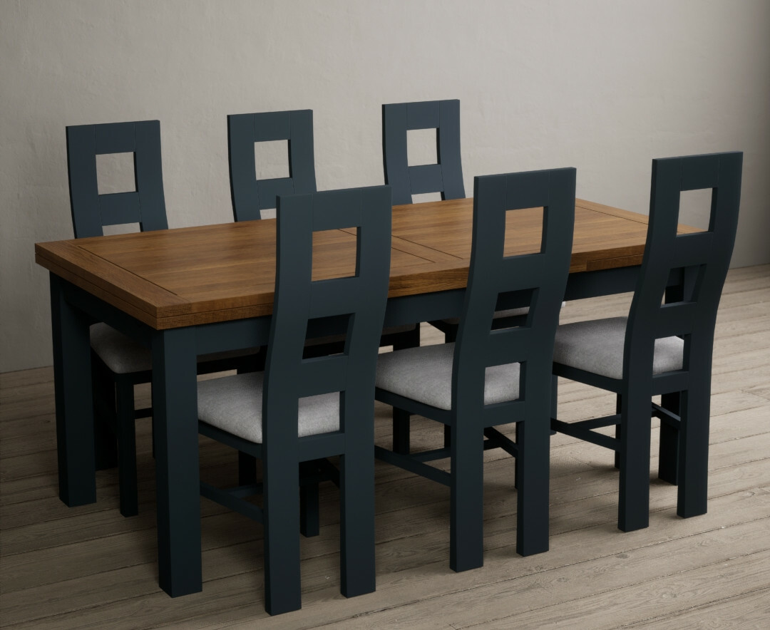 Photo 4 of Hampshire 180cm oak and dark blue extending dining table with 6 linen flow back chairs