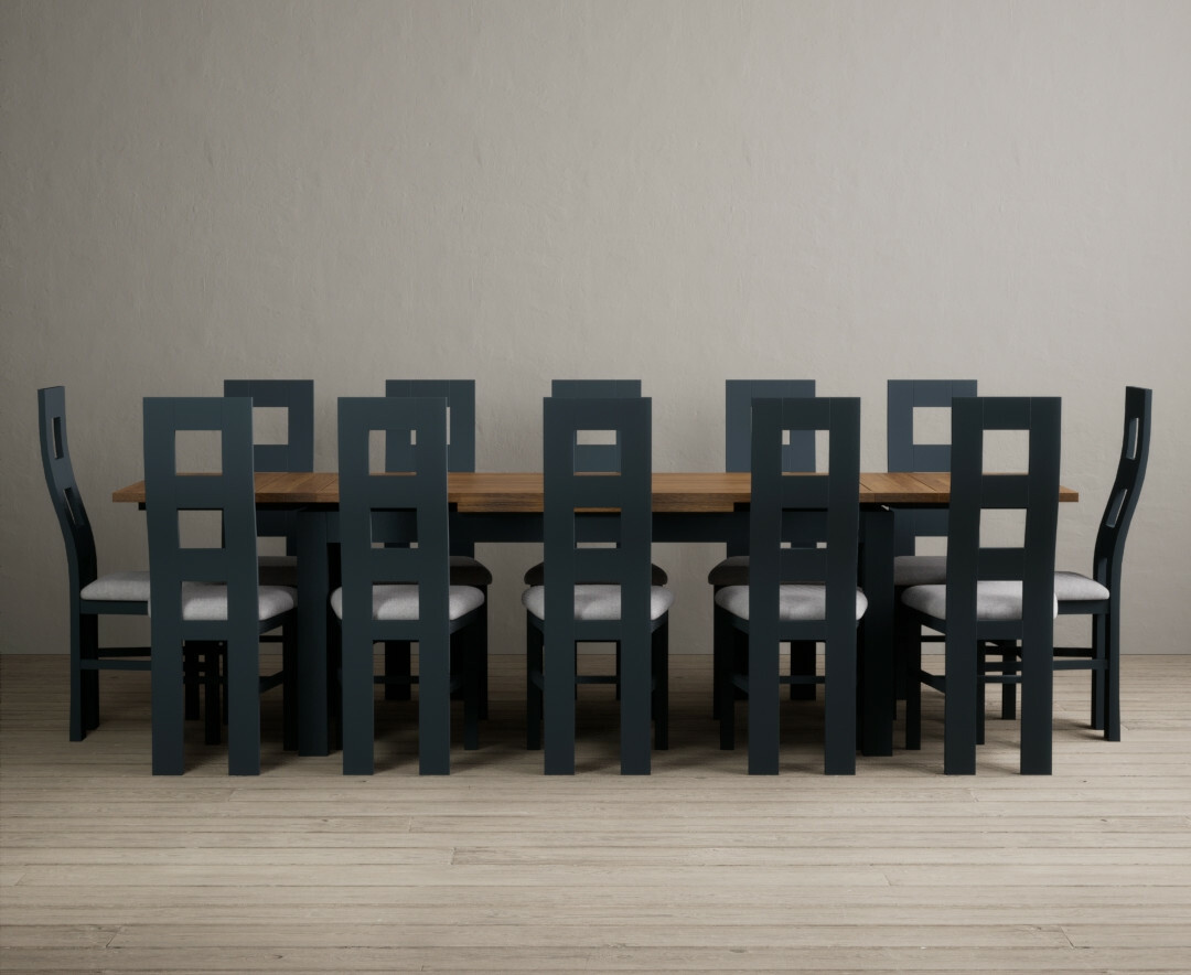 Extending Buxton 180cm Oak And Dark Blue Painted Dining Table With 8 Rustic Oak Painted Chairs