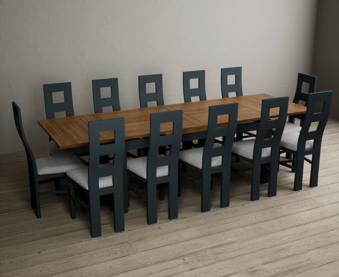 Hampshire 180cm Oak And Dark Blue Extending Dining Table With 12 Blue Flow Back Chairs